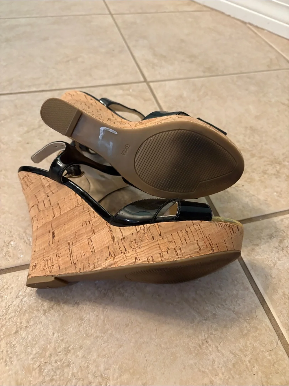 GUESS Black Patent Wedge Sandals with Yellow Toe Accent